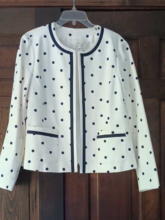 Talbots Jackets & Blazers - Talbots White Polka Dot Collarless Blazer with Navy Trim